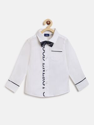 Long Sleeve Poplin  Shirt - White , With Bow